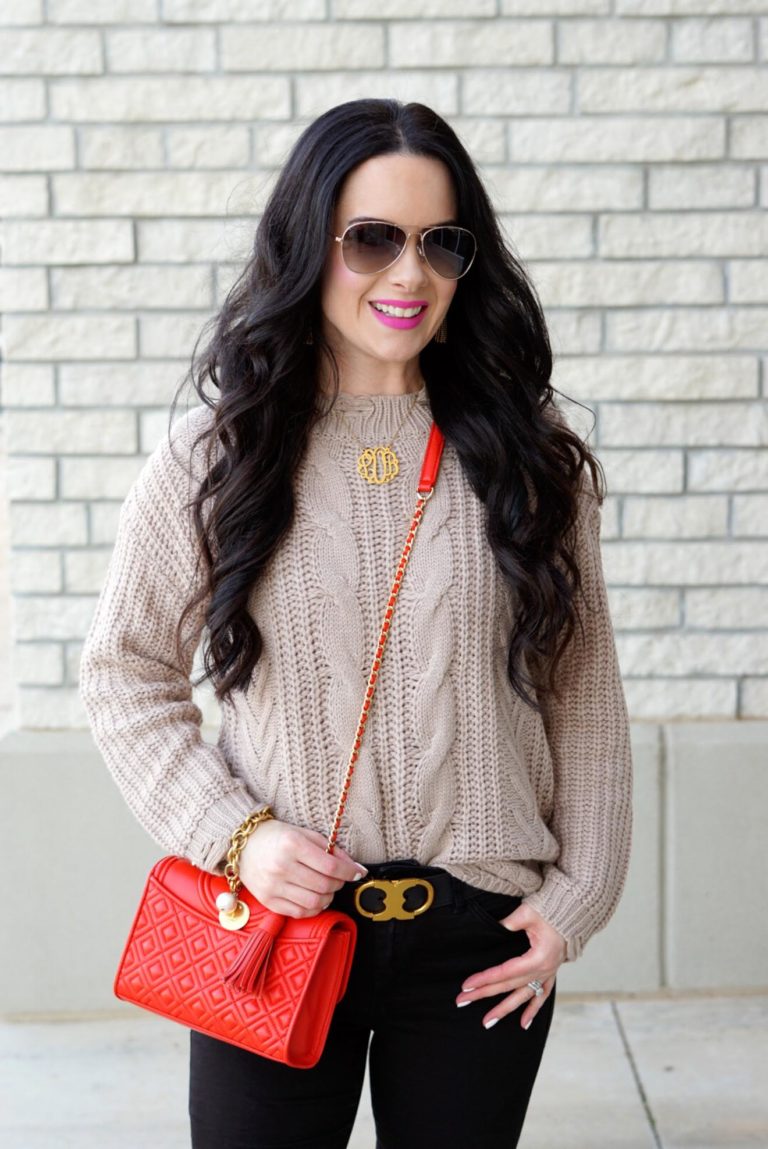 Winter Sweater Style Tory Burch Gemini Belt and Red Fleming Bag